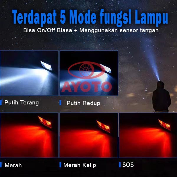 LAMPU LED MINI SENTER KEPALA 5 Mode USB Charger Multi Fungsi Anti Air Sensor Tangan