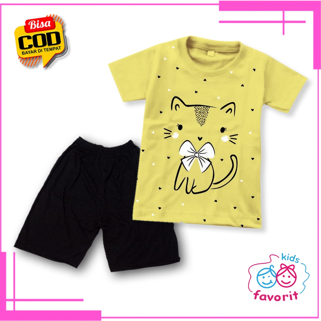 Favorit kids Baju setelan bayi &amp; anak perempuan lengan pendek kucing pita untuk 12 bulan - 10 tahun
