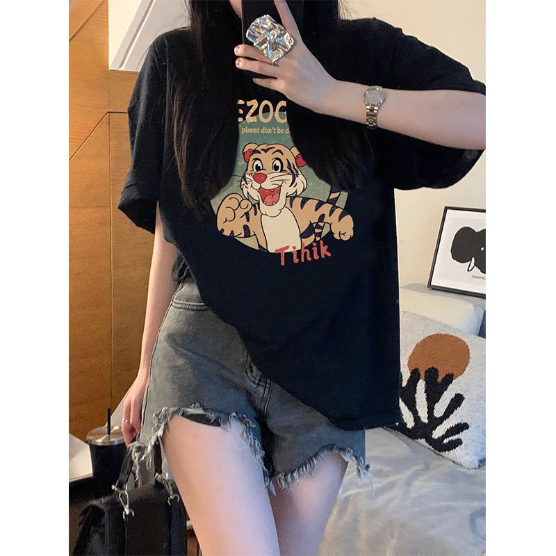 kaos atasan wanita tiger anime graphic printing tee korean style lengan pendek import hitam kaos