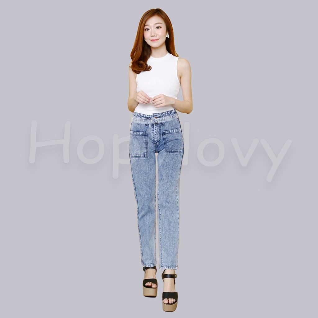 HOPYLOVY - Celana Boyfriend Jeans Wanita Termasuk Belt BF Umaru