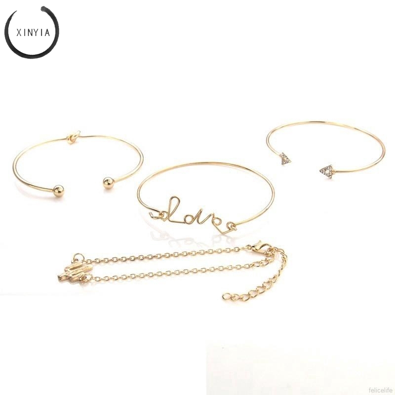 4Pcs/Set Women Gilr Gold Triangle Knot Love Cactus Opening Bangle Chain Bracelet