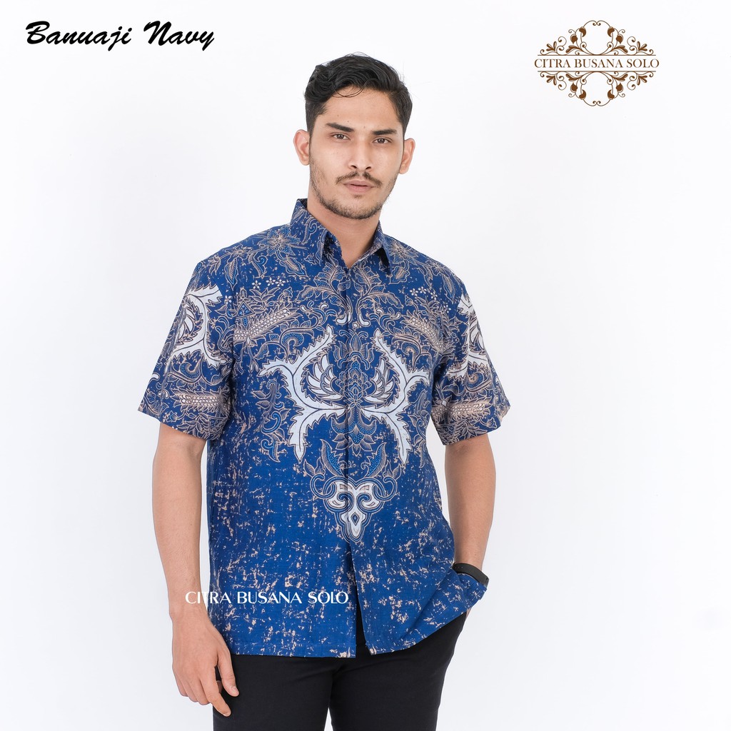 BANUAJI NAVY PENDEK Kemeja Batik Pria Full Furing Bahan Katun Primisima