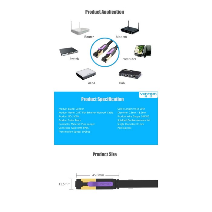 Kabel LAN Vention ICA 2M Cat7 Flat PREMIUM High Speed FTP Shielded