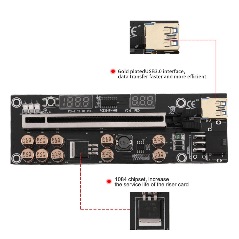 Btsg PCI-E Extender Riser 1x Ke 16x USB 3.0 Kabel Data Dengan Kartu LED PCI-E Adapter