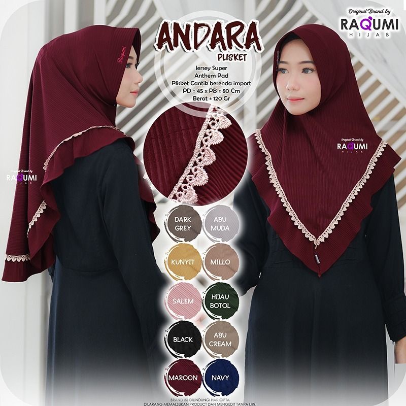 ANDARA PLISKET ORIGINAL RAQUMI HIJAB | JILBAB PLISKET RAQUMI | PLISKET JERSEY | PLISKET PAD