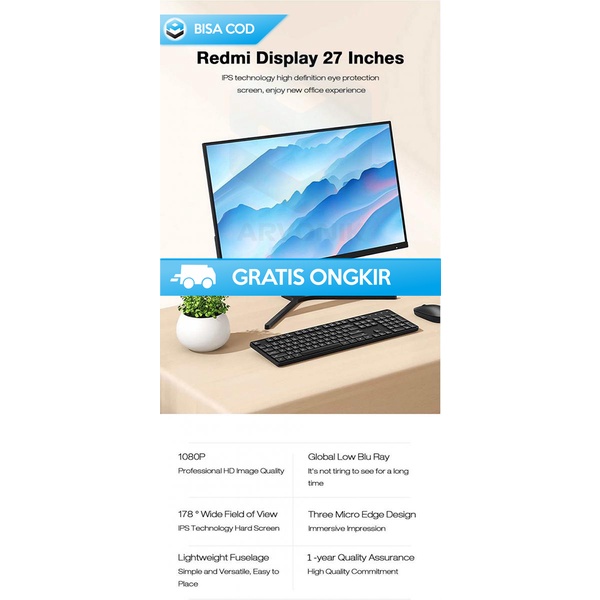 MONITOR KOMPUTER GAMING FULL HD XIAOMI REDMI RMMNT27NF 1080P 75Hz IPS