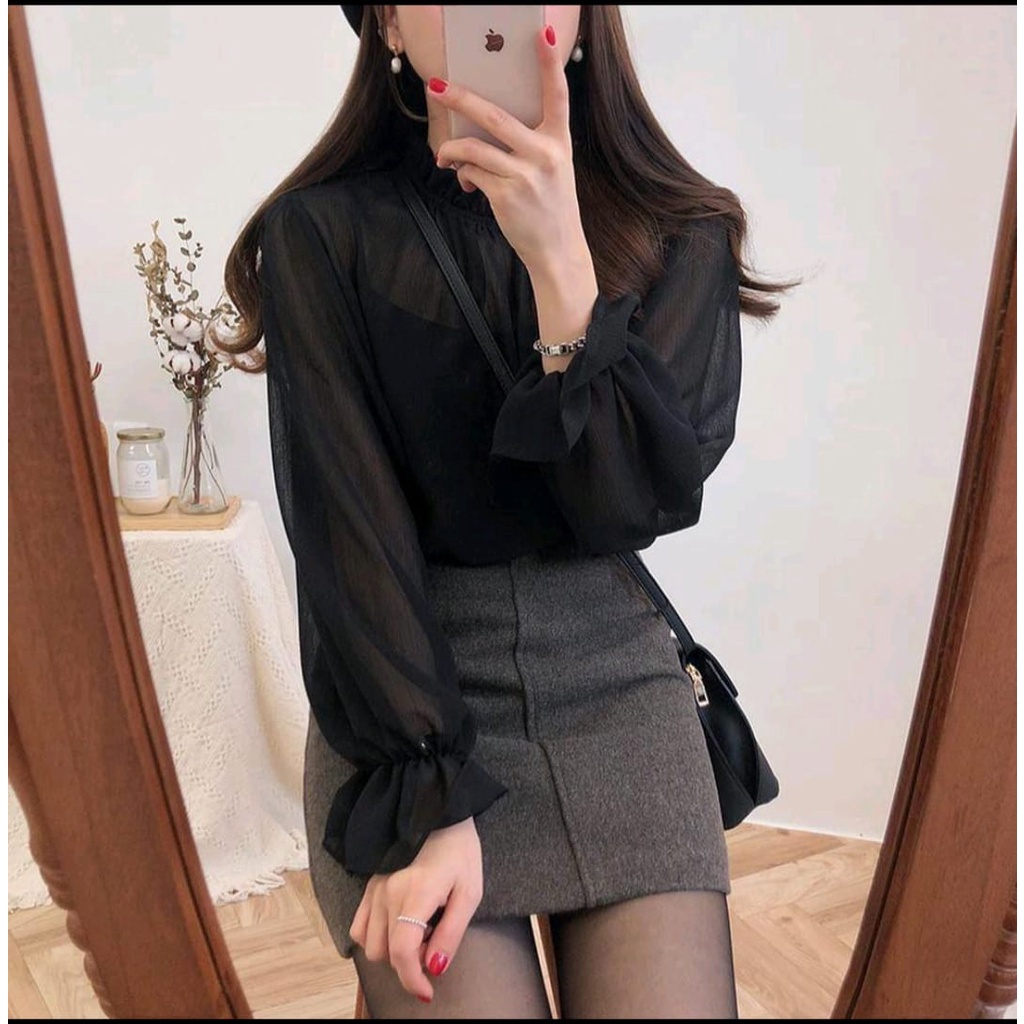 BEFAST - ZEC OOTD Wanita SAPIRA / Copry Seethrough Highneck Top / Blouse Wanita Terbaru / Blouse Polos Kekinian / Blouse Bagus Untuk OOTD Wanita / Blouse Casual