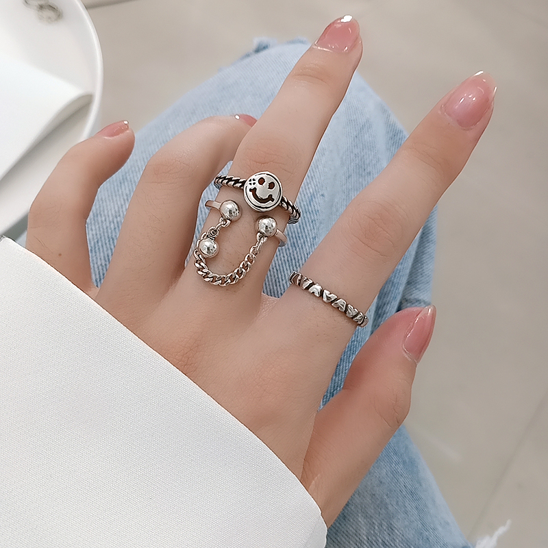 Cincin S925 Silver Plated Model Hollow Motif Smiley Face Gaya Retro Untuk Wanita