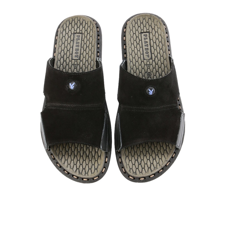 SANDAL SLIDE KULIT PLAYBOY PRIA ORIGINAL CASUAL BRANDED HITAM PL23