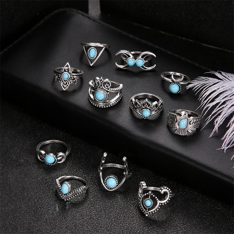 11pcs / Set Cincin Bentuk Burung Hantu Bulan Sabit Turquoise Gaya Bohemian Untuk Wanita