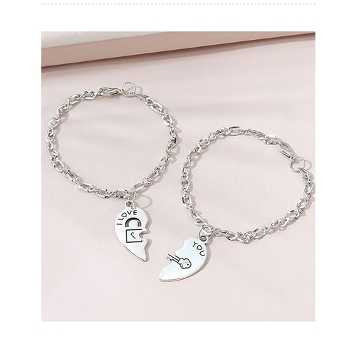 LRC Gelang Tangan Fashion Silver Color Love Lock Letter Bracelet Set Y65669