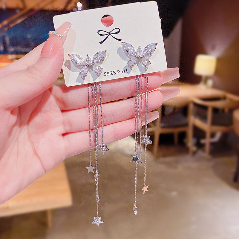 Anting S925 silver needle Model Rumbai Panjang Desain Kupu-Kupu Bintang Bahan Zirkon
