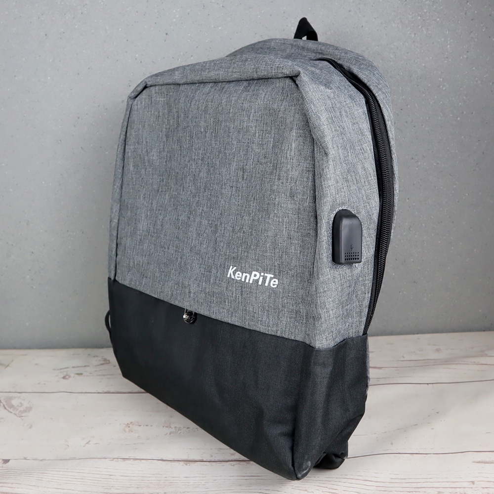 KenPiTe Tas Ransel Laptop Backpack dengan USB Charger Port - F7221 - Black/Gray