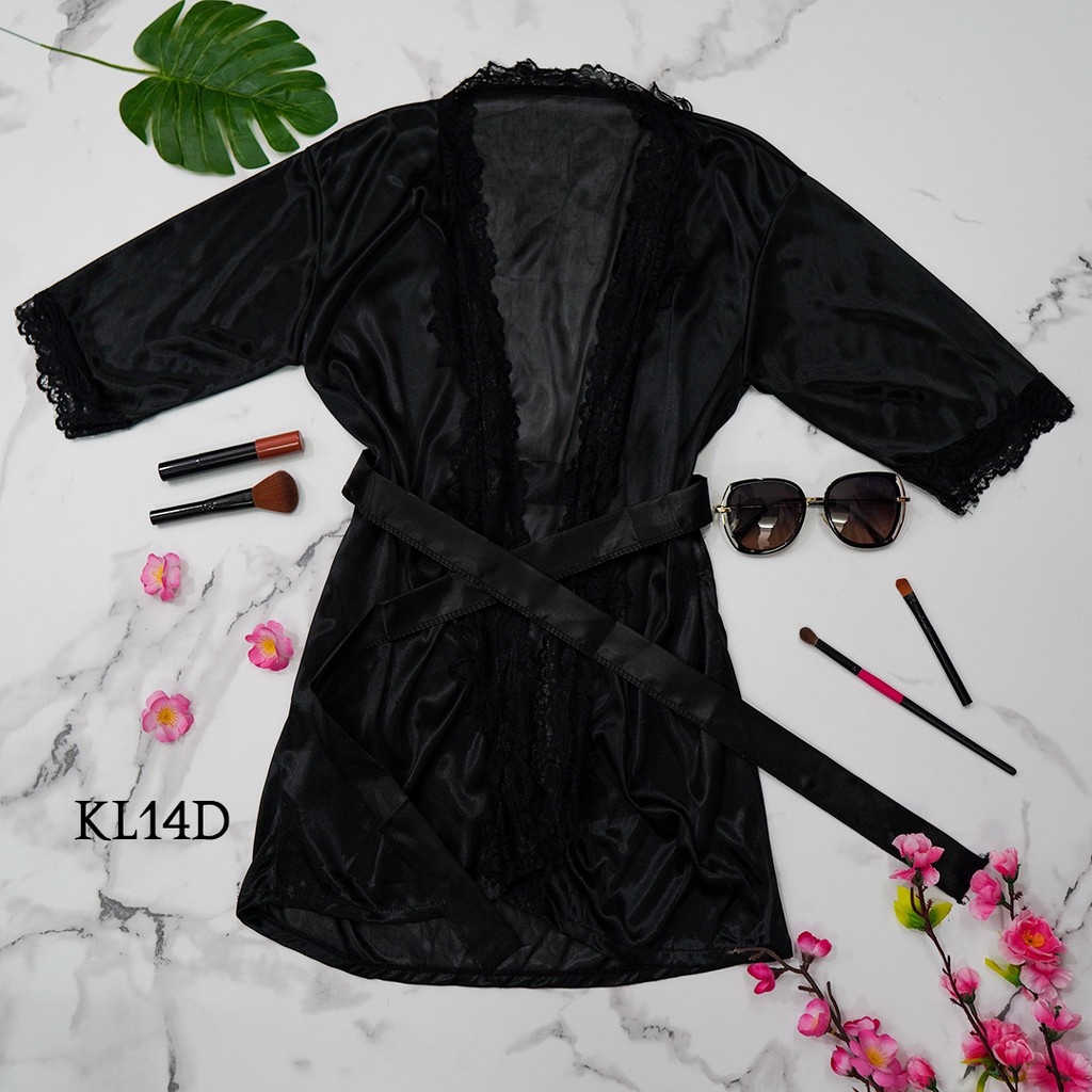 [BEST SELLER] BAJU TIDUR SEXY LINGERIE KIMONO PIYAMA SATIN PREMIUM HITAM KL14D