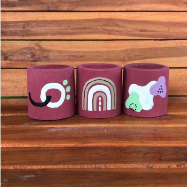 Pot concrete lukis pattern maroon | Pot Semen motif | Pot Kaktus Sukulen | Bukan teracota / Gerabah