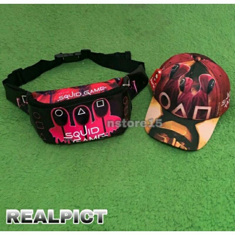 PDF 2in1 tas selempang topi squid game waistbag anak topi anak tas bahu anak tas selempang anak