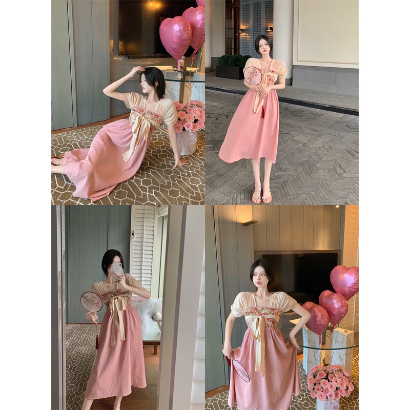 Suhao ditingkatkan Hanfu gaya Cina lengan pendek gaun wanita musim panas perban floral patchwork pin