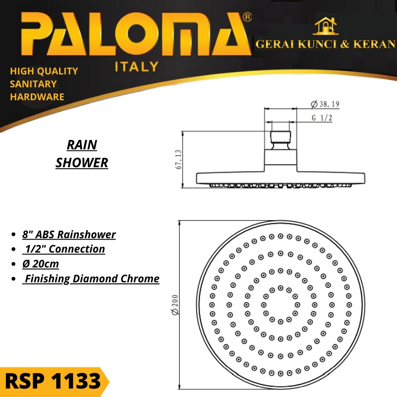 PALOMA 8&quot; RAINSHOWER PALOMA RSP 1133 KEPALA SHOWER ABS