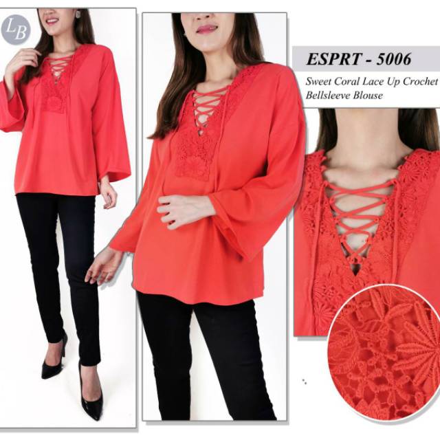 Esprit sweet red lace up crochet bellsleeve blouse