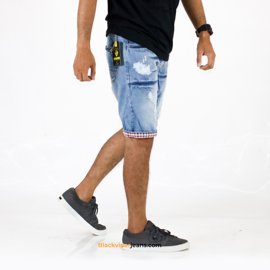 celana jeans pendek pria sobek/ripped jeans Black viper - Biru