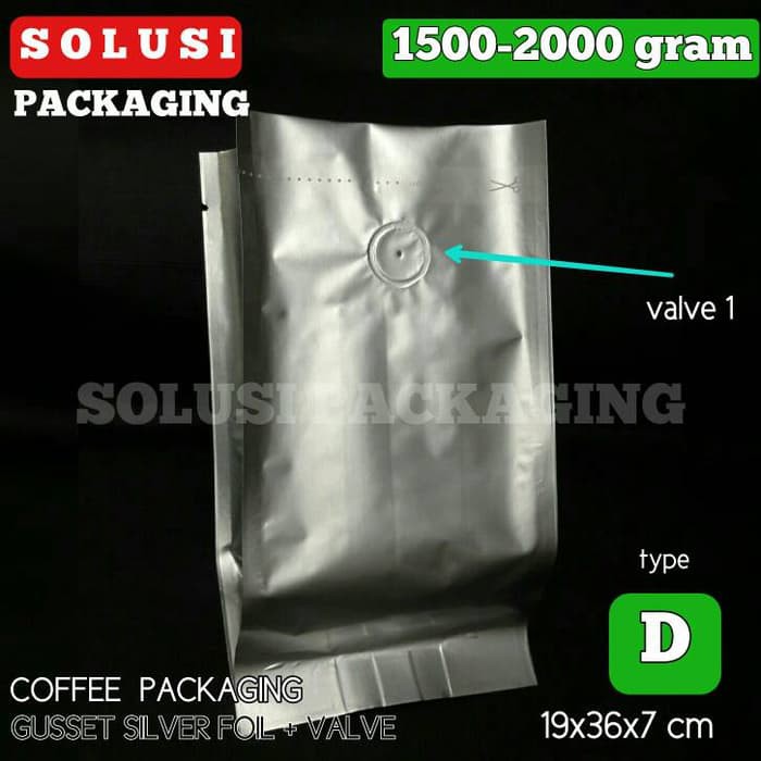 

KEMASAN KEMASAN KOPI GUSSET SILVER FOIL VALVE D 1500-2000GRAM