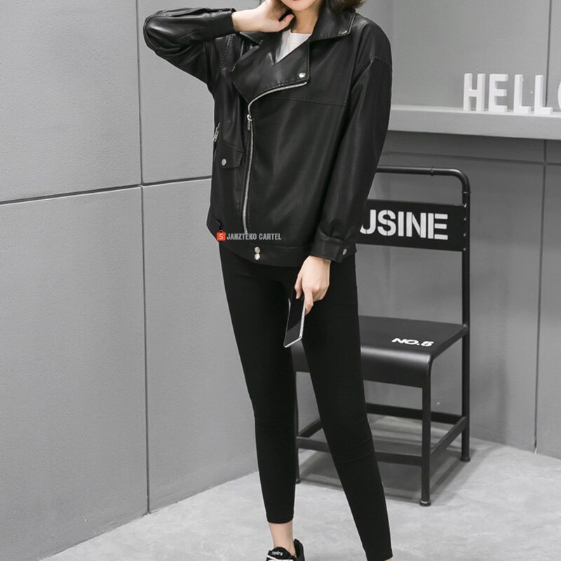 JNK x LODRI - Jaket Kulit Wanita PU Longgar Vintage Jaket Longgar Gaya Jalanan Mode Jaket Ukuran Besar Punk Style Moto High Street Pakaian Kasual Cewek Perempuan Modis Korea KPOP Viral Zipper Leather Jacket Oversize Original Premium Import Acara New 2022