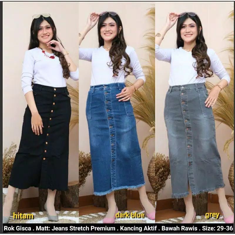 Rok Jeans Panjang Span Gisca. Gisca Rok Jeans Span Kancing Depan Termurah