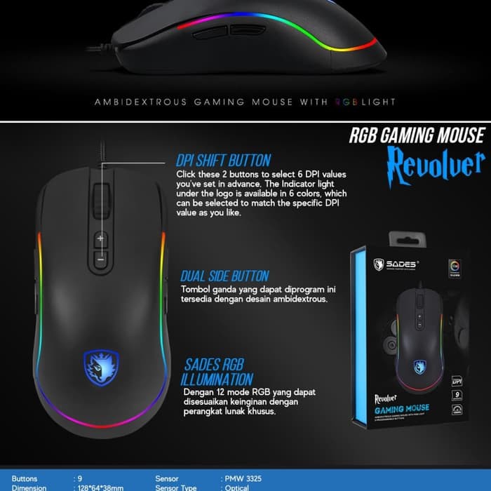 Sades Revolver RGB Mouse Gaming Sensor Optik PMW 3325