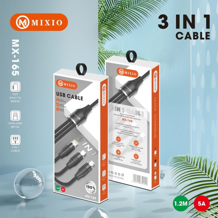 MIXIO MX-165 USB Cable 3in1 Cable 1.2M 5A Quick Charging