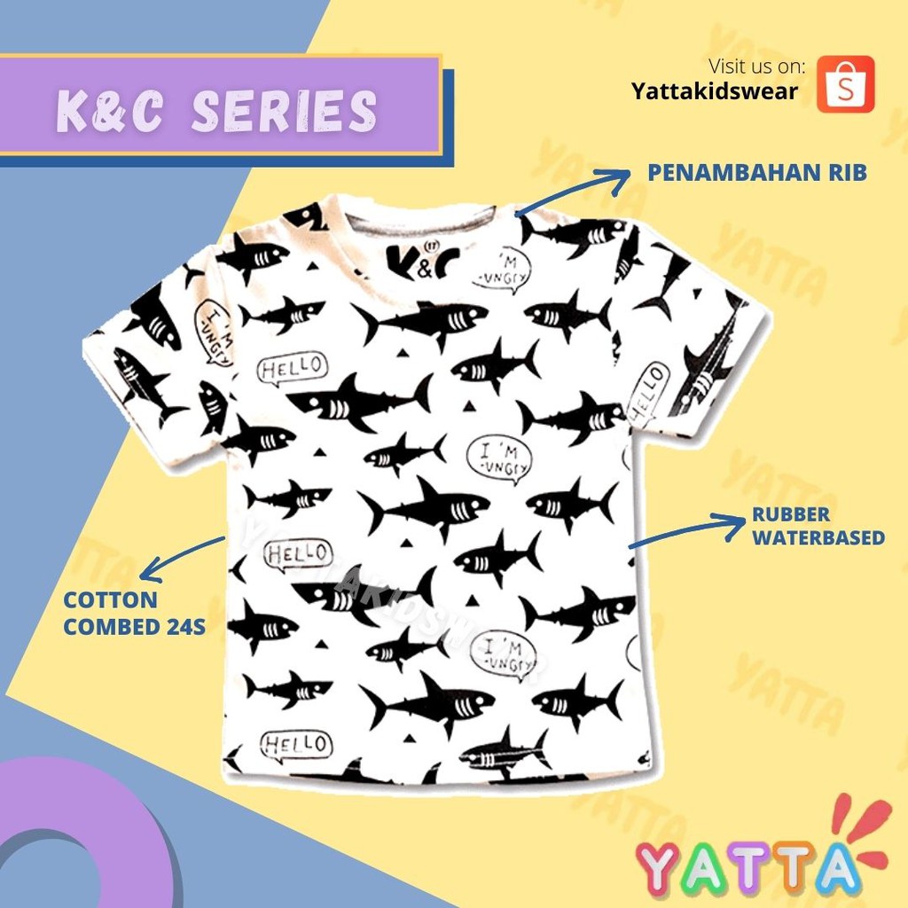 YATTA BAJU ANAK LAKI LAKI / KAOS ANAK LENGAN PENDEK MOTIF FISH FULLPRINT PUTIH 1 - 10 TAHUN COD