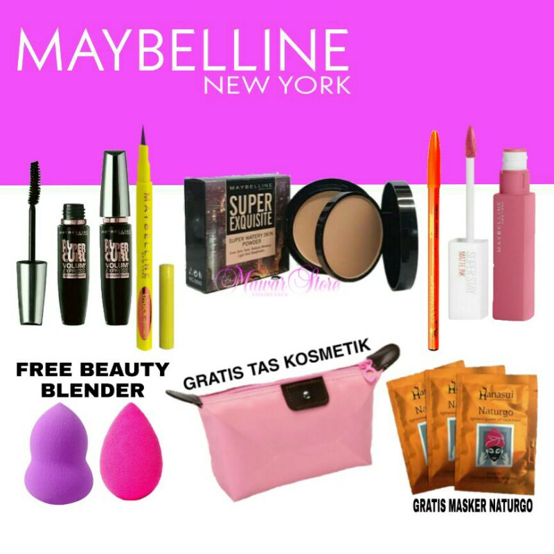 Paket kosmetik maybelline 5 in 1 Banyak gratisnya