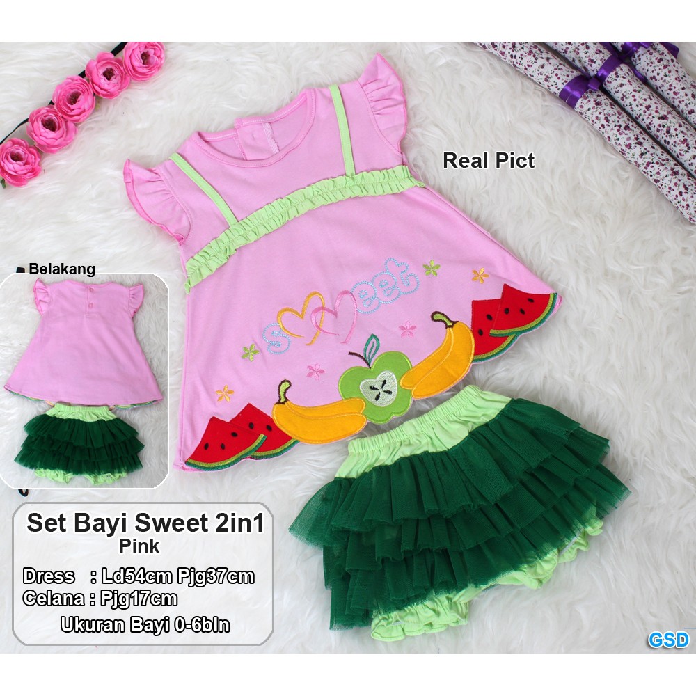 Set Bayi Sweet 2in1/Setelan Baju Dan Rok Tutu Bayi 0-6bln/Stelan Baju Anak Bayi Murah/Stelan Bayi