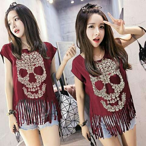 Top Rumbai Skull Maroon Baju Atasan Wanita Blouse Rumbai Terlaris