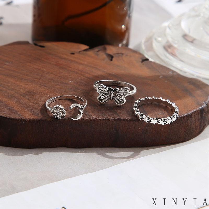 Xia.id 3pcs / Set Cincin Model Terbuka Desain Matahari + Kupu-Kupu Gaya Retro Kreatif Untuk Wanita