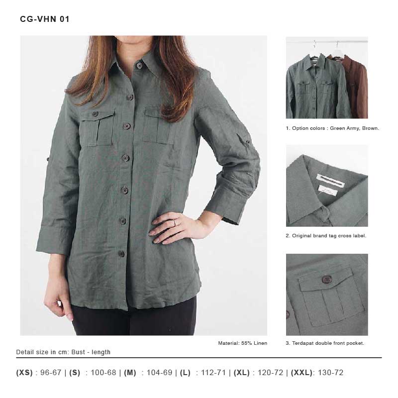 Kemeja Wanita Linen Quarter Sleeve Full Kancing Ada Kantong Depan-5