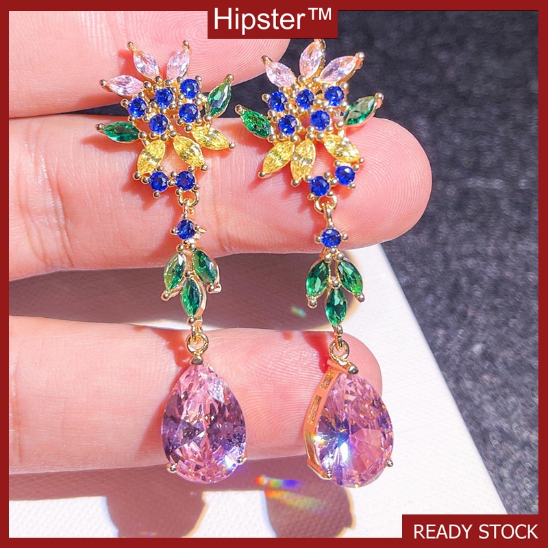 Fashion Luxury Pink Diamond Earrings Inlaid with Colored Gems