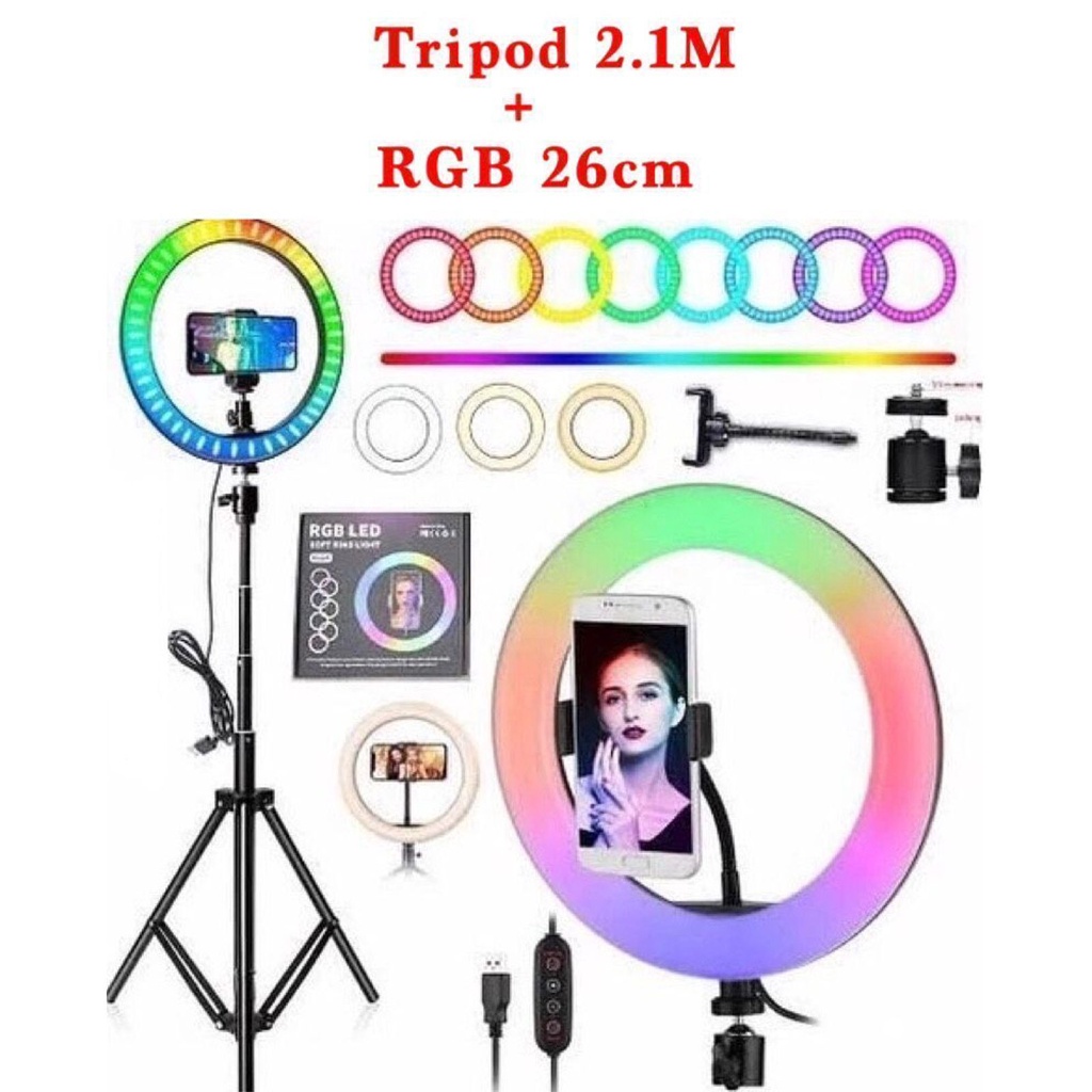 Paket Lengkap Ring Light +Tripod 2.1m Tripod HP RingLight Stand phone holder RGB ring light 26cm/33cm