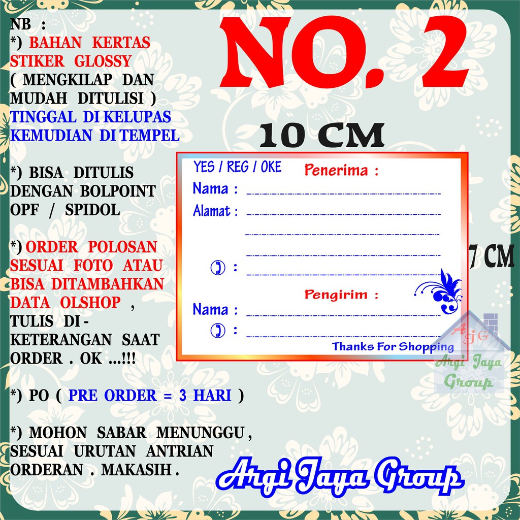 

Stiker Pengiriman - Sticker Alamat Olshop Murah Nomer 2 - 10x7 cm - Glossy