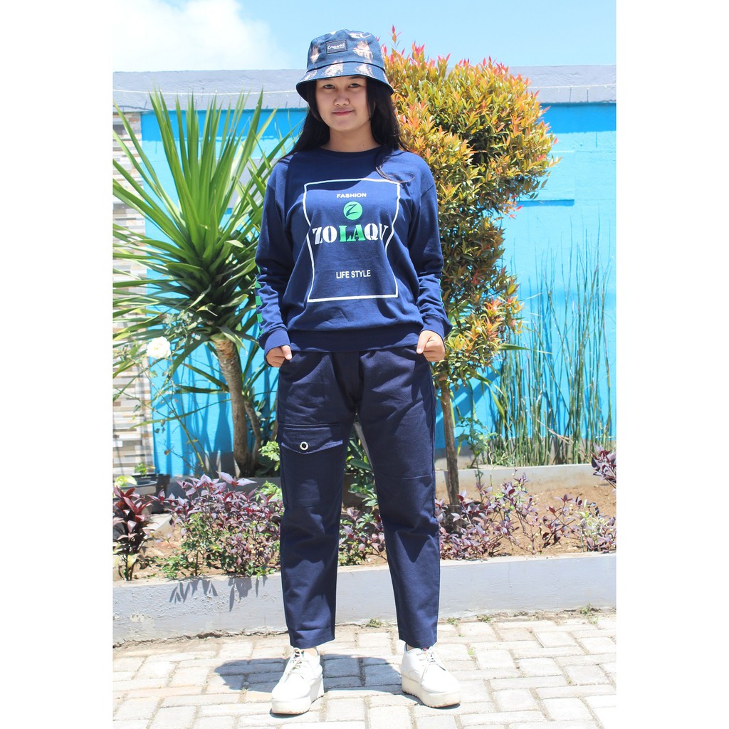 Setelan Kaos Zolaqu Life Style Navy Celana Baggy Pants Katun Ring Navy Fashion Wanita Casual Murah