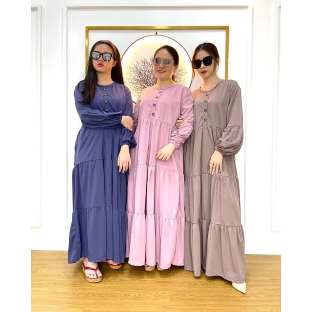 Gamis jumbo rempel 3 susun model kancing lengan balon bahan voxy merk cocobee (743)