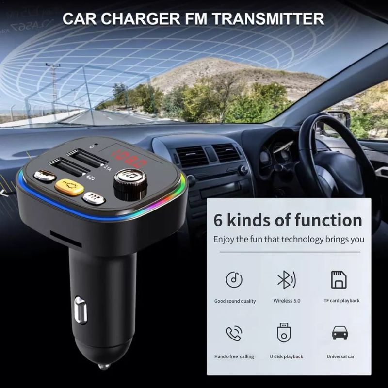 Mobil Car Charger Bluetooth 5.0 MP3 Player Dual USB LED Chasan Casan Charging Transmitter TF BT FM 7 Color warna