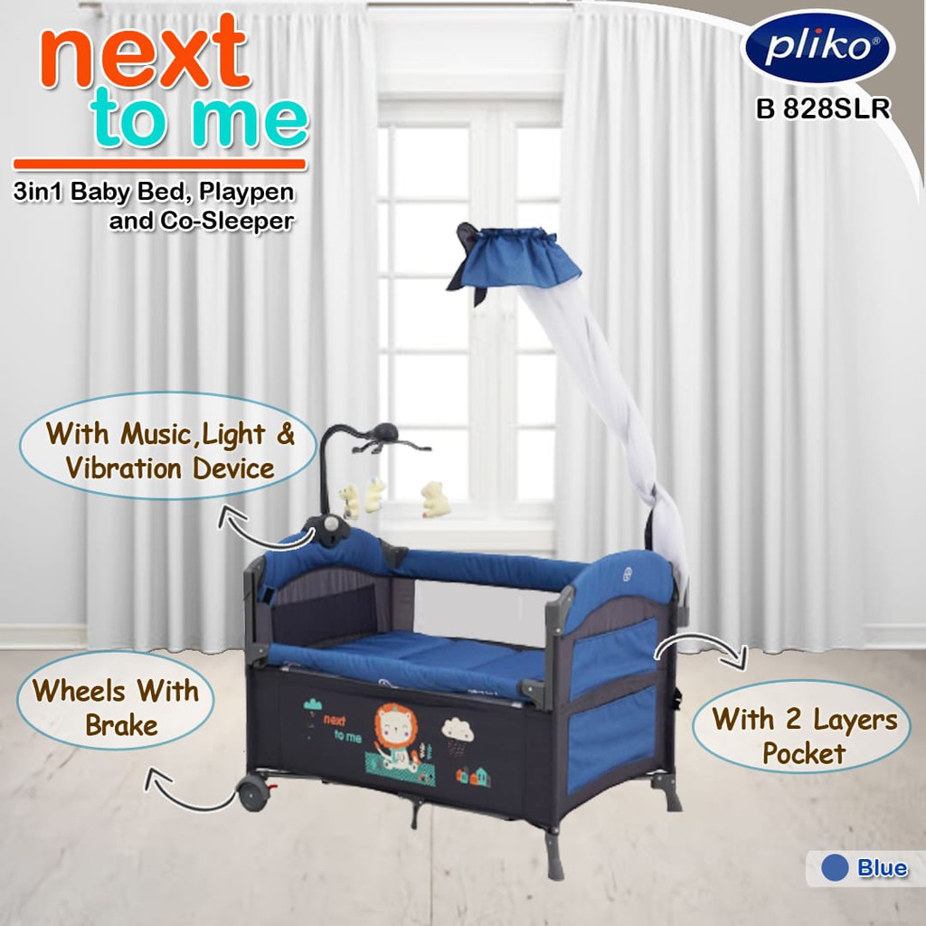 Pliko Next to Me Travel Cot B 828 SLR Box Bayi Kelambu dan Sisi Bisa Turun