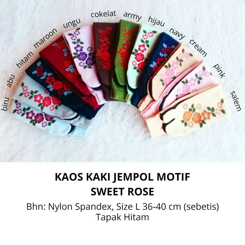 Kaos Kaki Jempol Wanita Motif Sweet Rose Tapak Hitam Muslimah Murah Panjang Size L Nylon Spandex