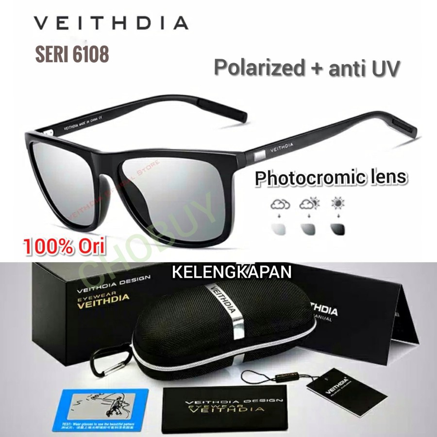 Kaca Mata Hitam VEITHDIA 6108 Original Kacamata Photocromic Polarized Sunglasses UV400 Polarisasi