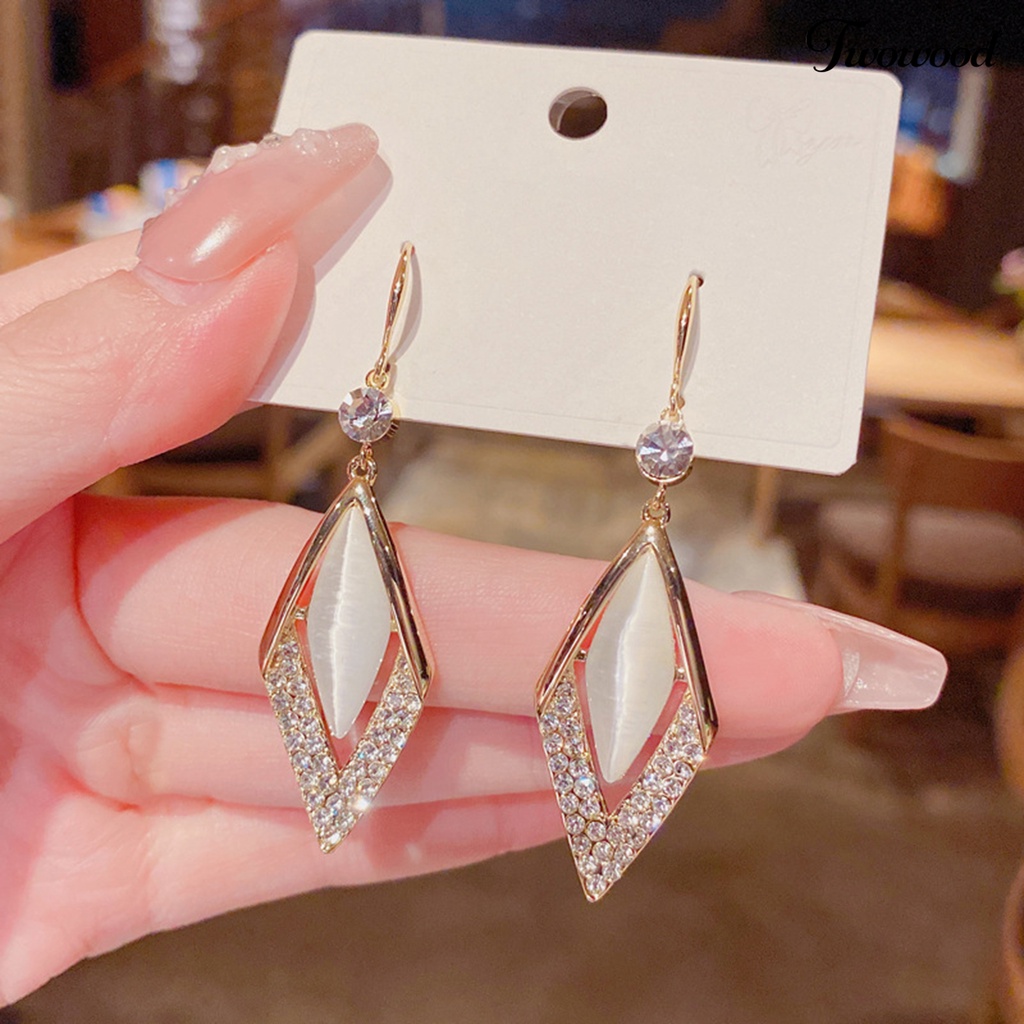 Twowood 1 Pair Rhinestone Shiny Drop Earrings Alloy Faux Opal Rhombus Pendant Hook Earrings Party Jewelry