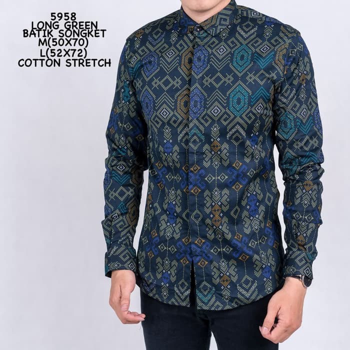 KEMEJA BATIK  BATIK PREMIUM  Kemeja Batik Biru Lengan Panjang Pria - Tosca size L  COC KATOO