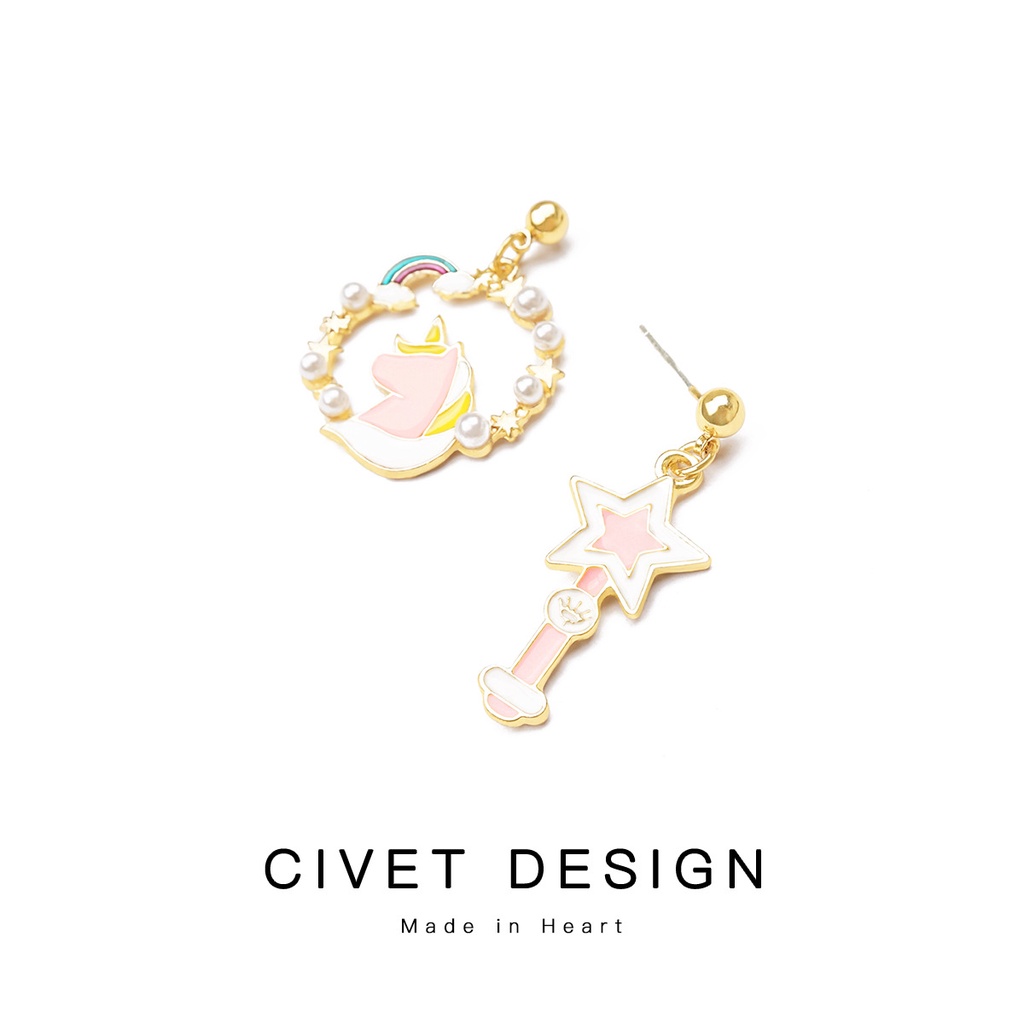 Rainbow unicorn anting-anting fantasi Jepang dan Korea style lucu tongkat sihir mahasiswa perak stud