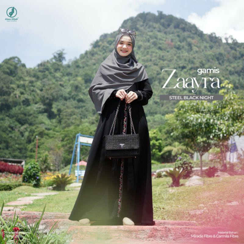 GAMIS ZAAYRA STEEL BLACK NIGHT BY ALWA HIJAB  MAXI DRESS SYARI WANITA BUSUI WARNA HITAM POLOS BORDIR