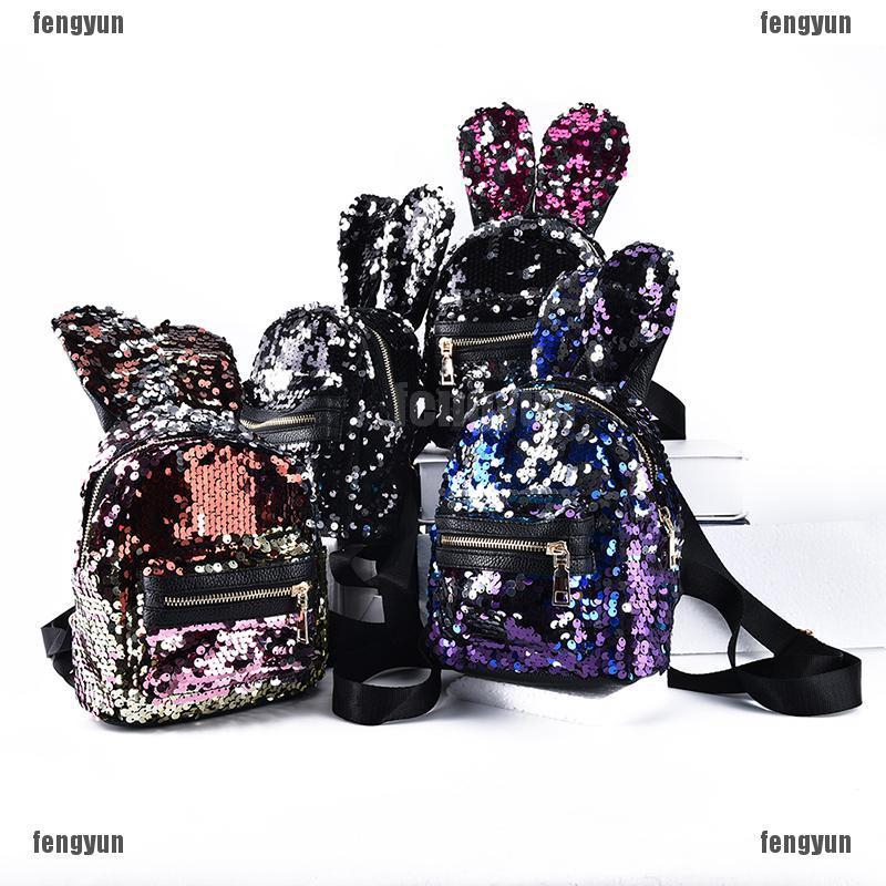  Tas  Ransel  Mini Desain Telinga Kelinci Bling Sequin 