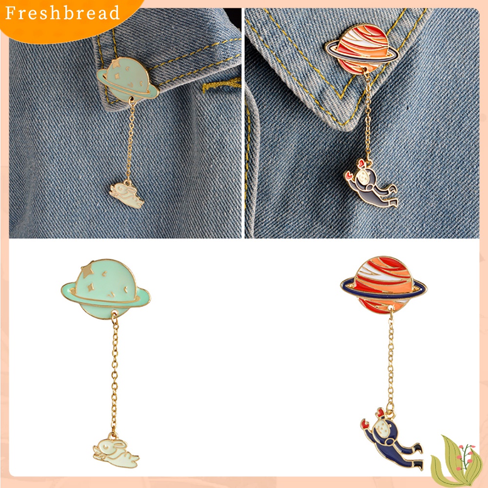 ?Fresh??BRos Pin Enamel Bentuk Planet Aksen Rantai Panjang + Astronot untuk Wanita/Pria